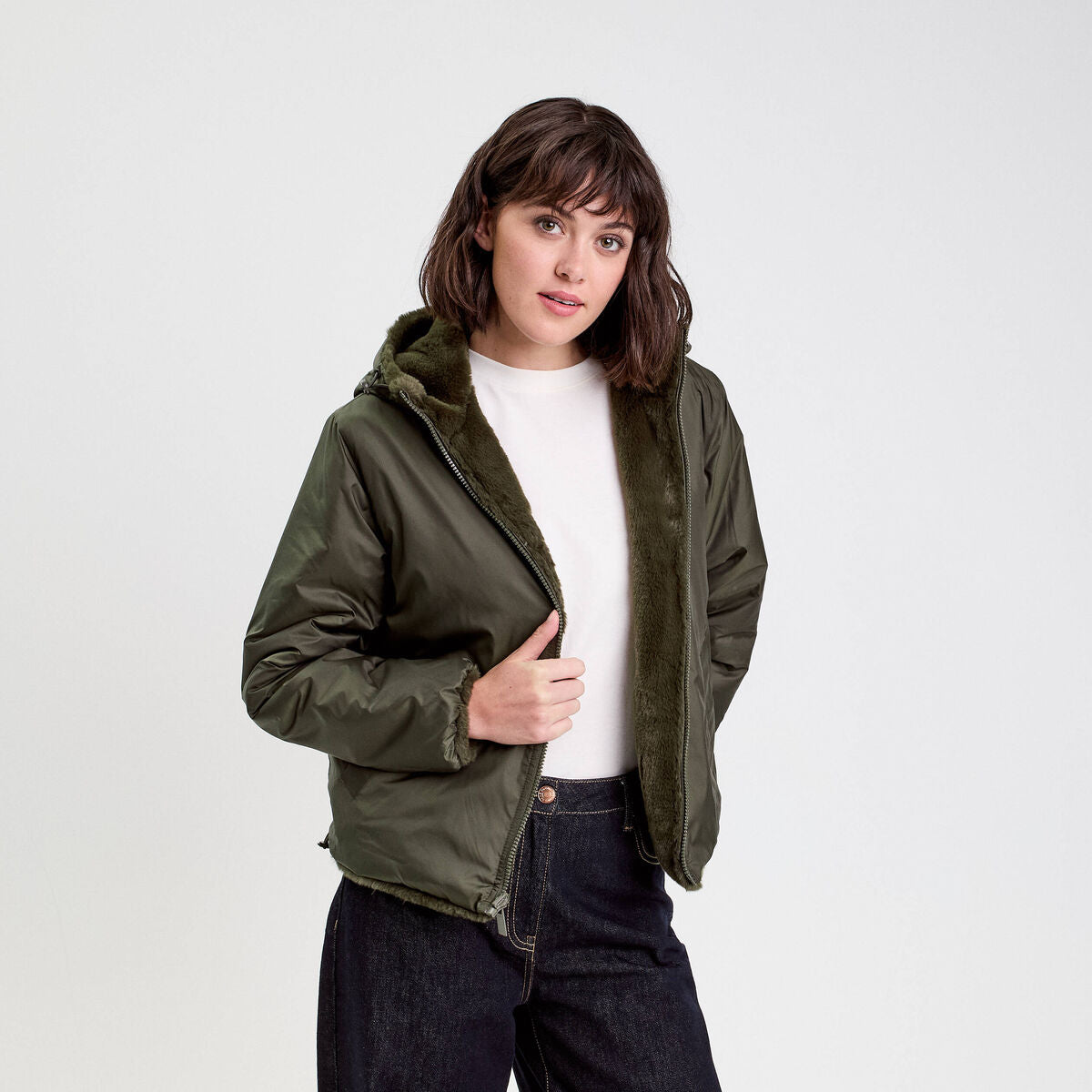 Parka réversible à capuche vert kaki femme