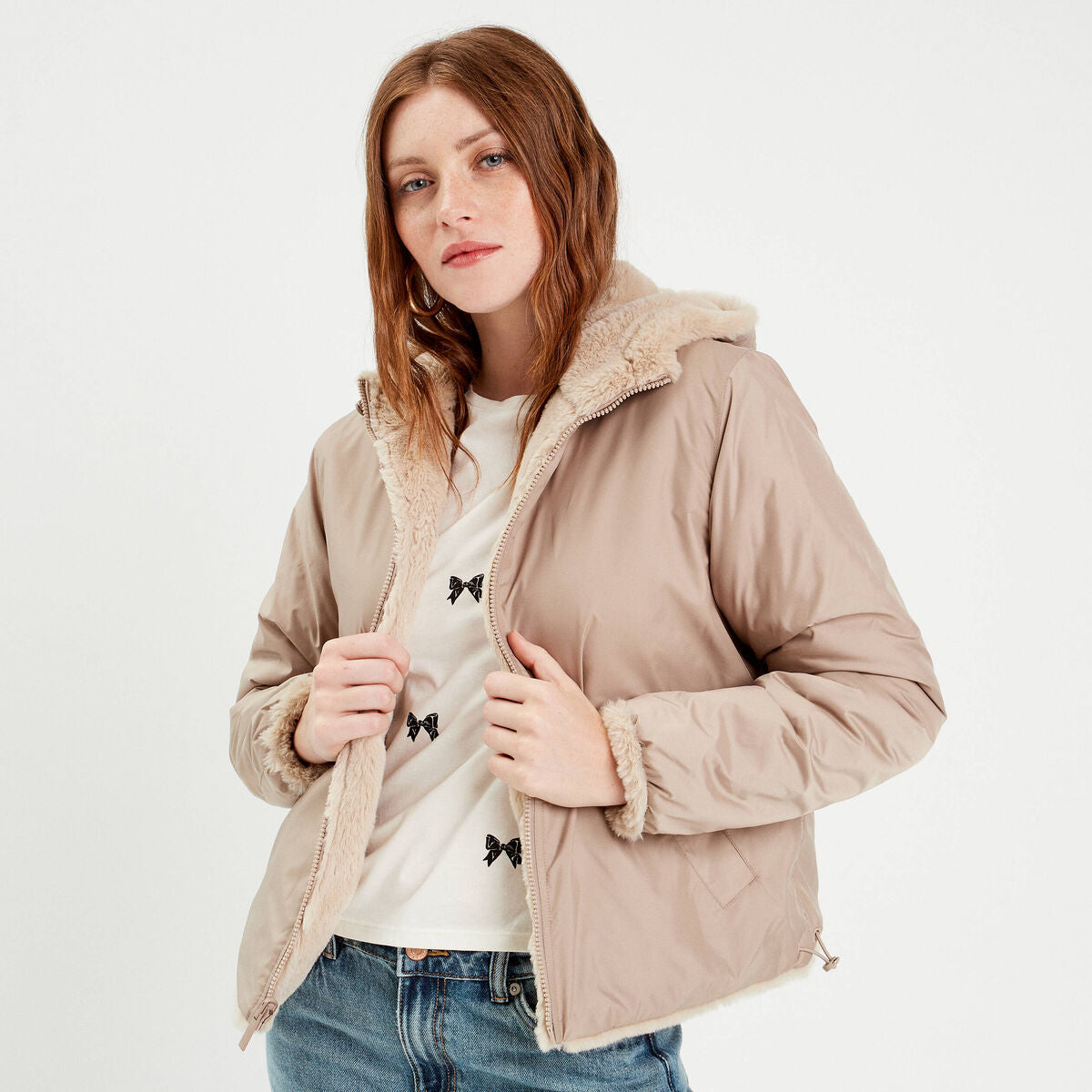 Parka réversible à capuche beige femme