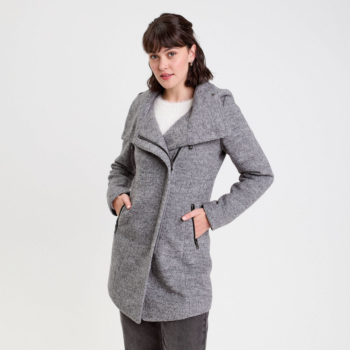 Manteau cintré asymétrique gris foncé femme