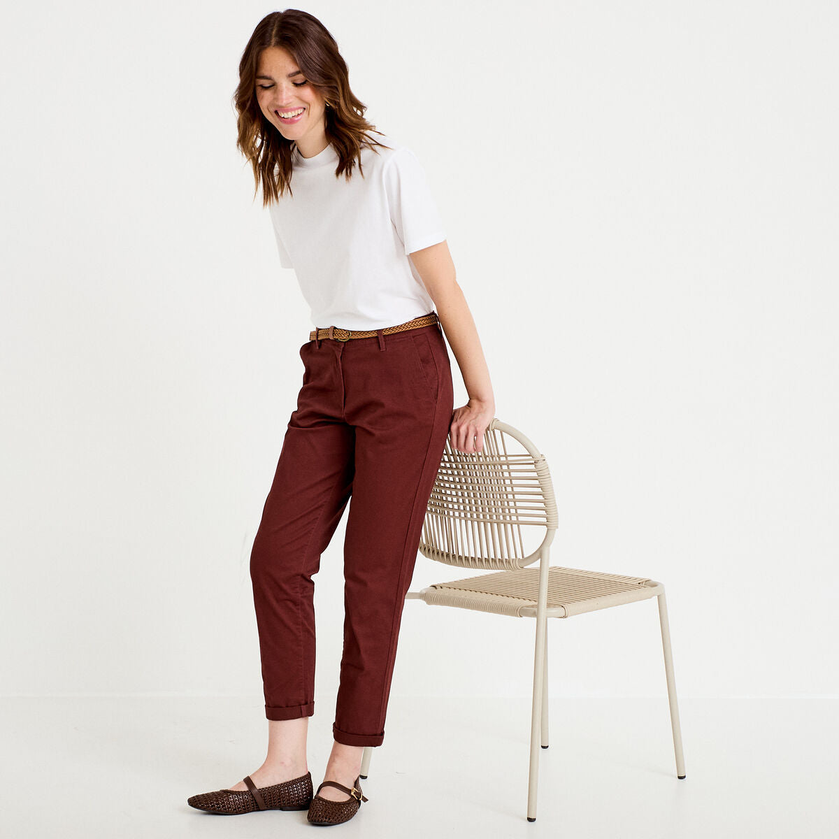 Pantalon chino 7/8ème marron femme