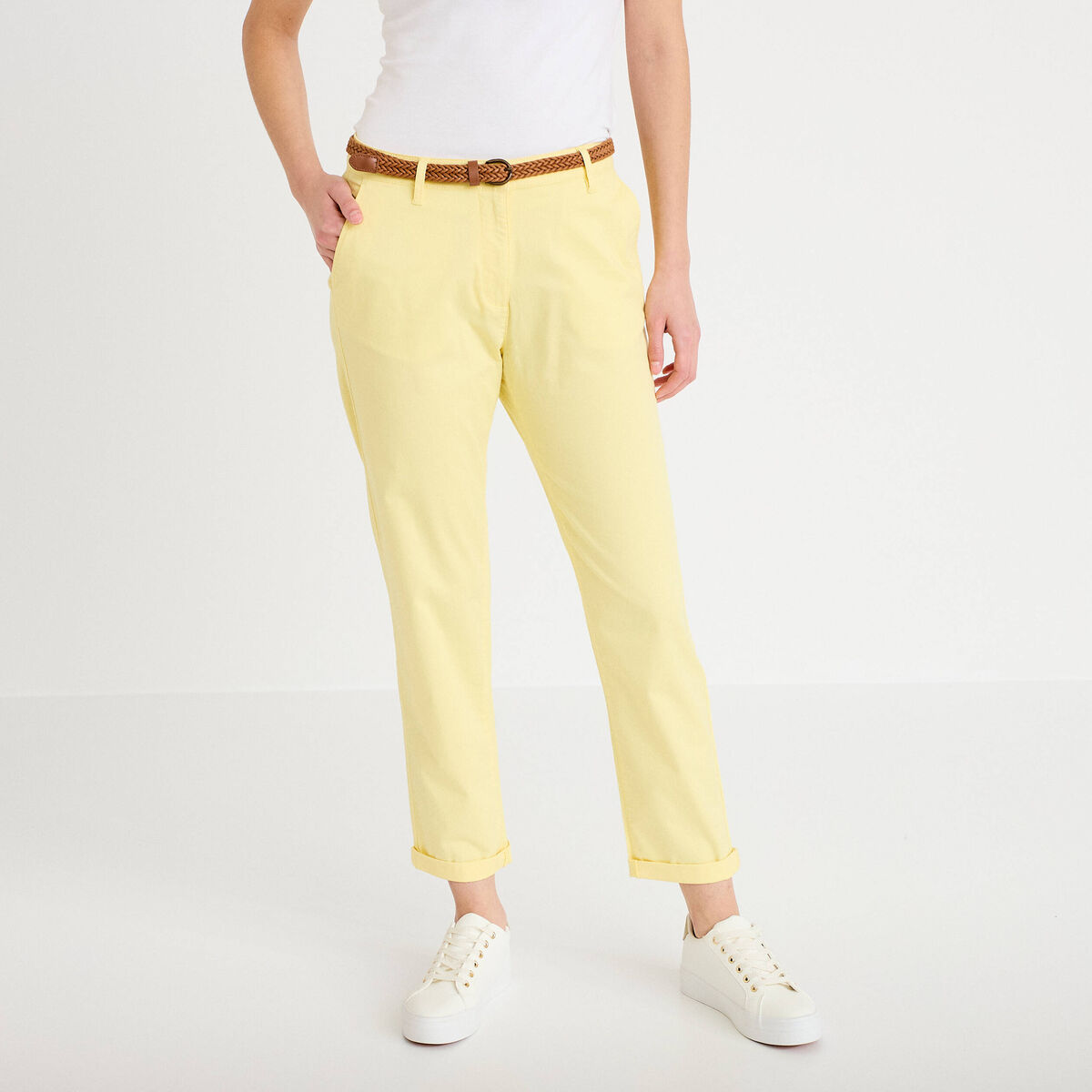 Pantalon chino 7/8ème jaune pastel femme