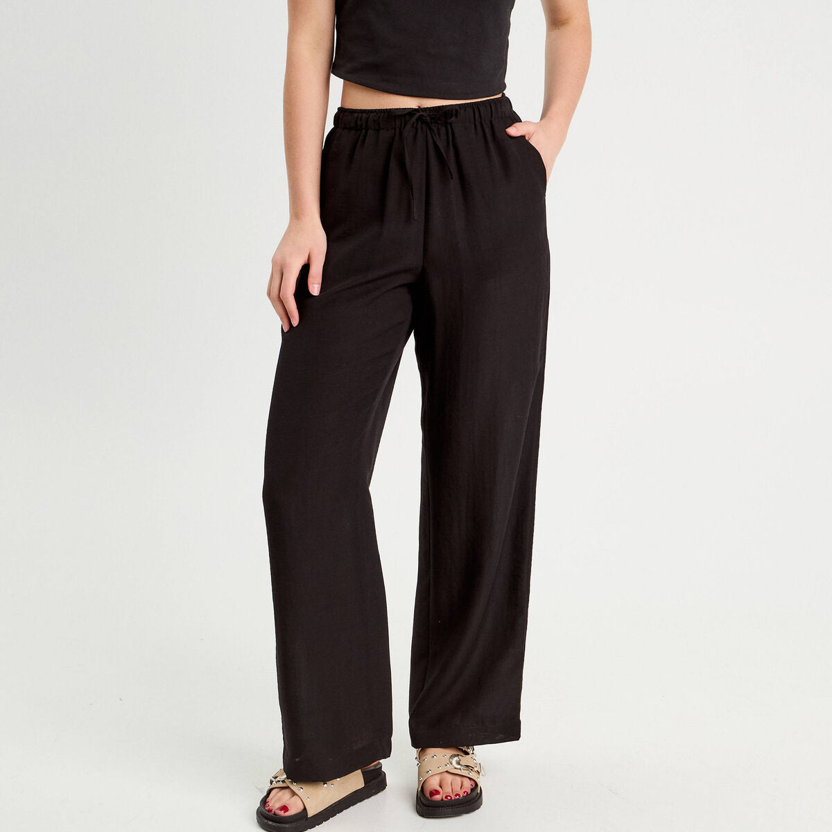 Pantalon large taille haute en crêpe noir femme