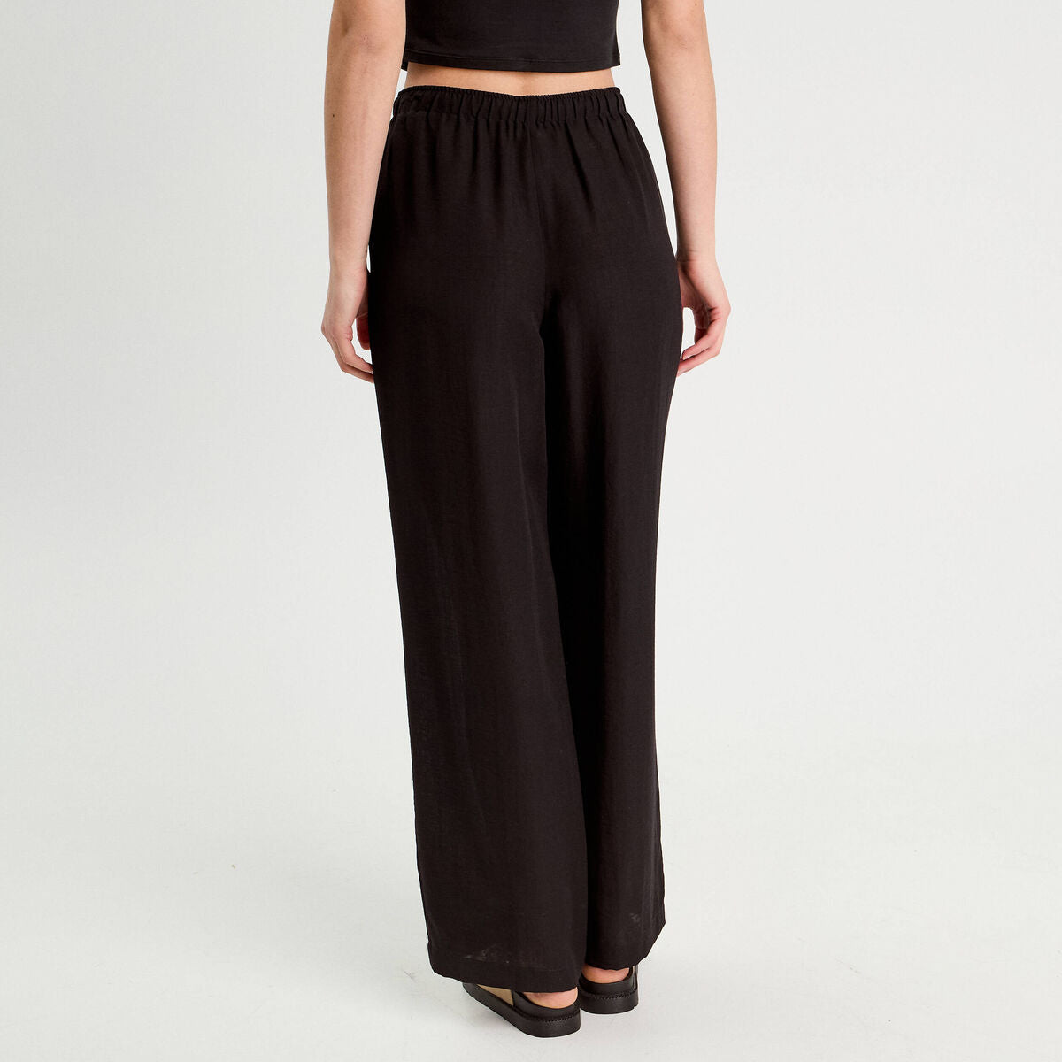 Pantalon large taille haute en crêpe noir femme
