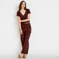 Pantalon large taille haute en crêpe marron femme