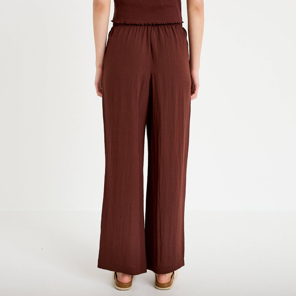 Pantalon large taille haute en crêpe marron femme