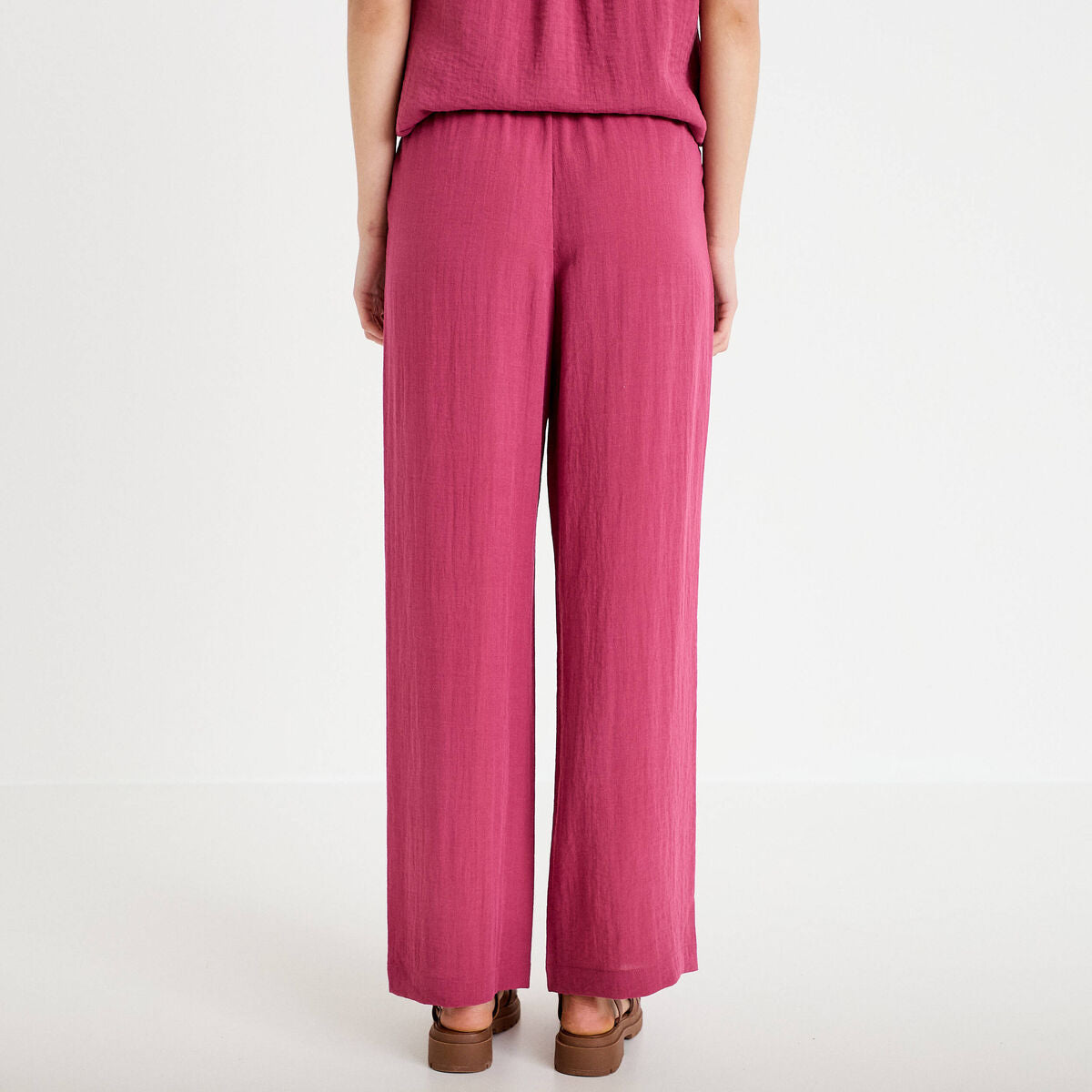 Pantalon large taille haute en crêpe prune femme
