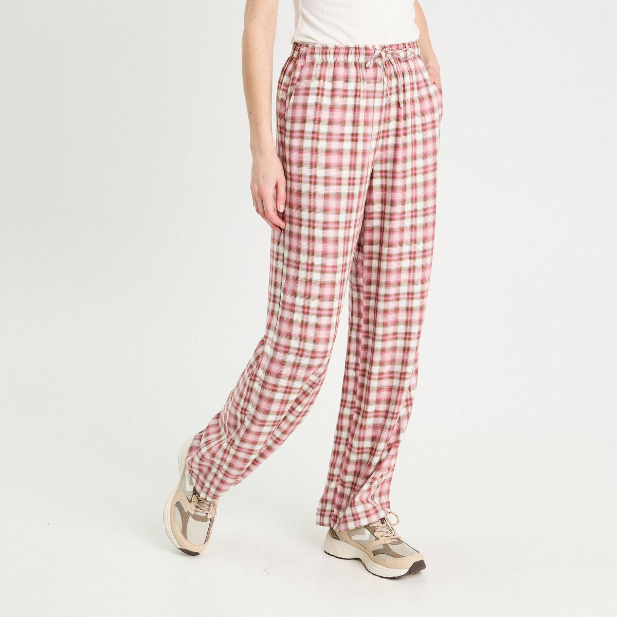 Pantalon large taille haute rose femme