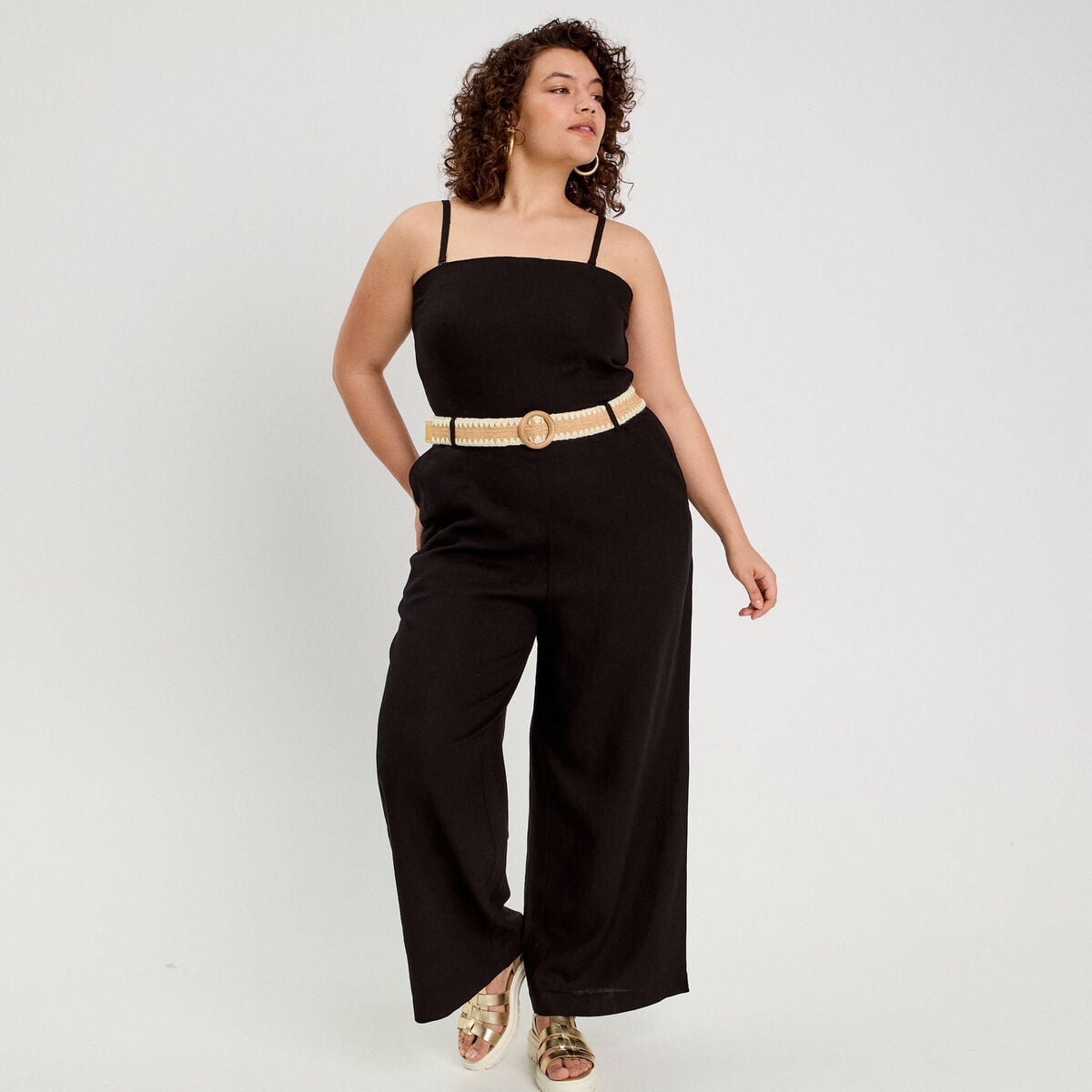 Combinaison pantalon bretelles avec lin noir femme