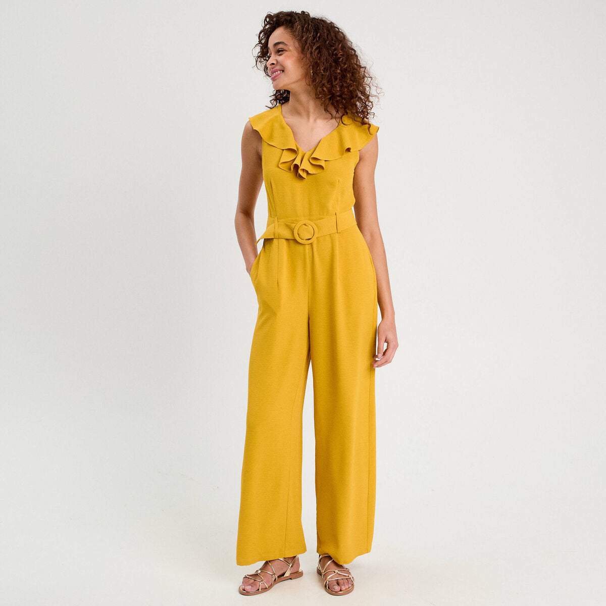Combinaison pantalon ceinturée jaune citron femme