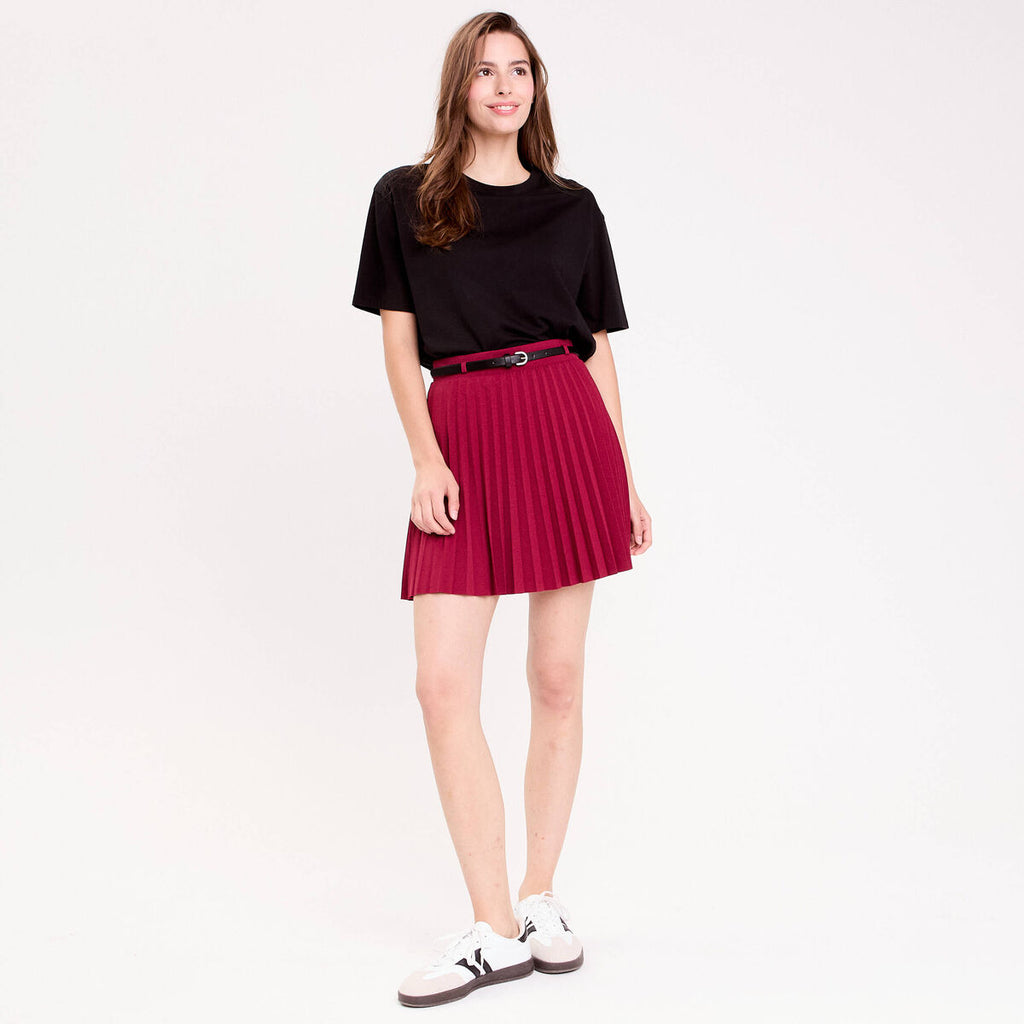 Jupe évasée plissée ceinturée rouge foncé femme