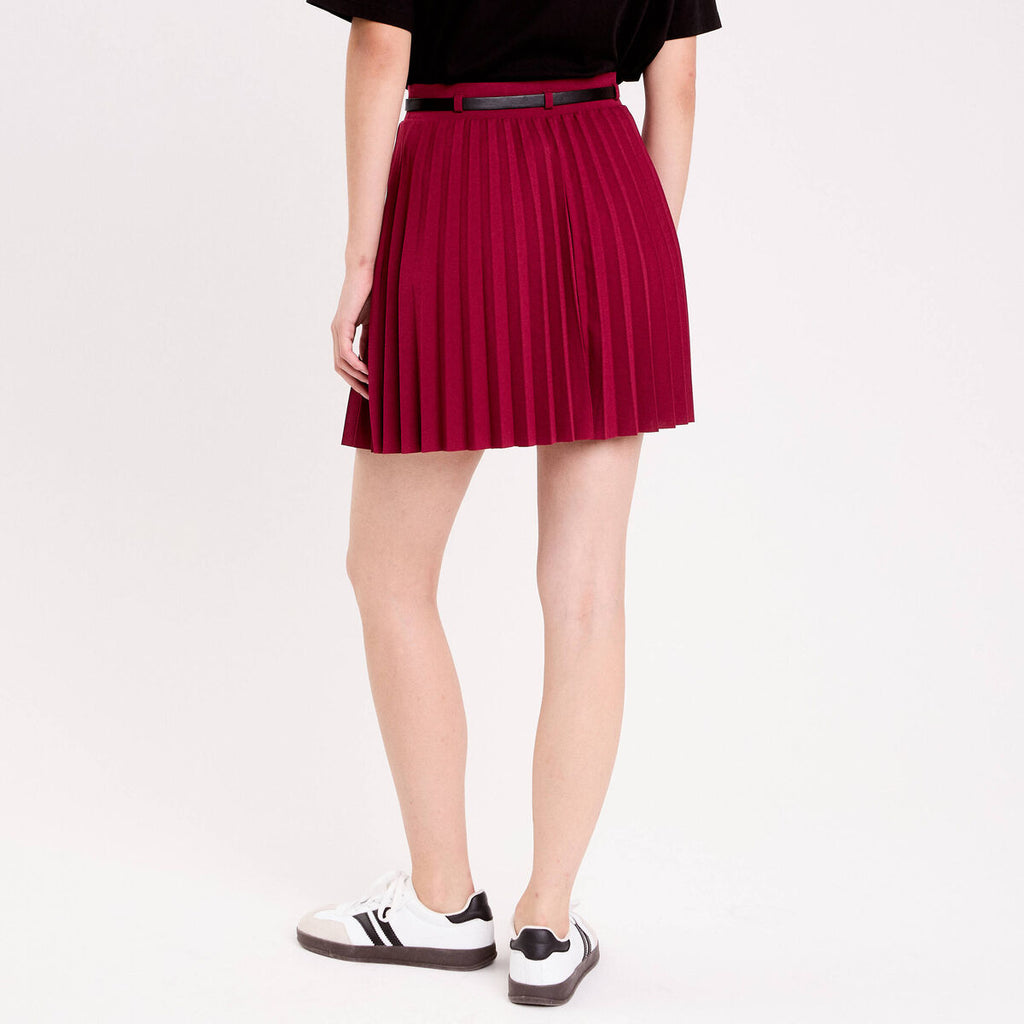Jupe évasée plissée ceinturée rouge foncé femme