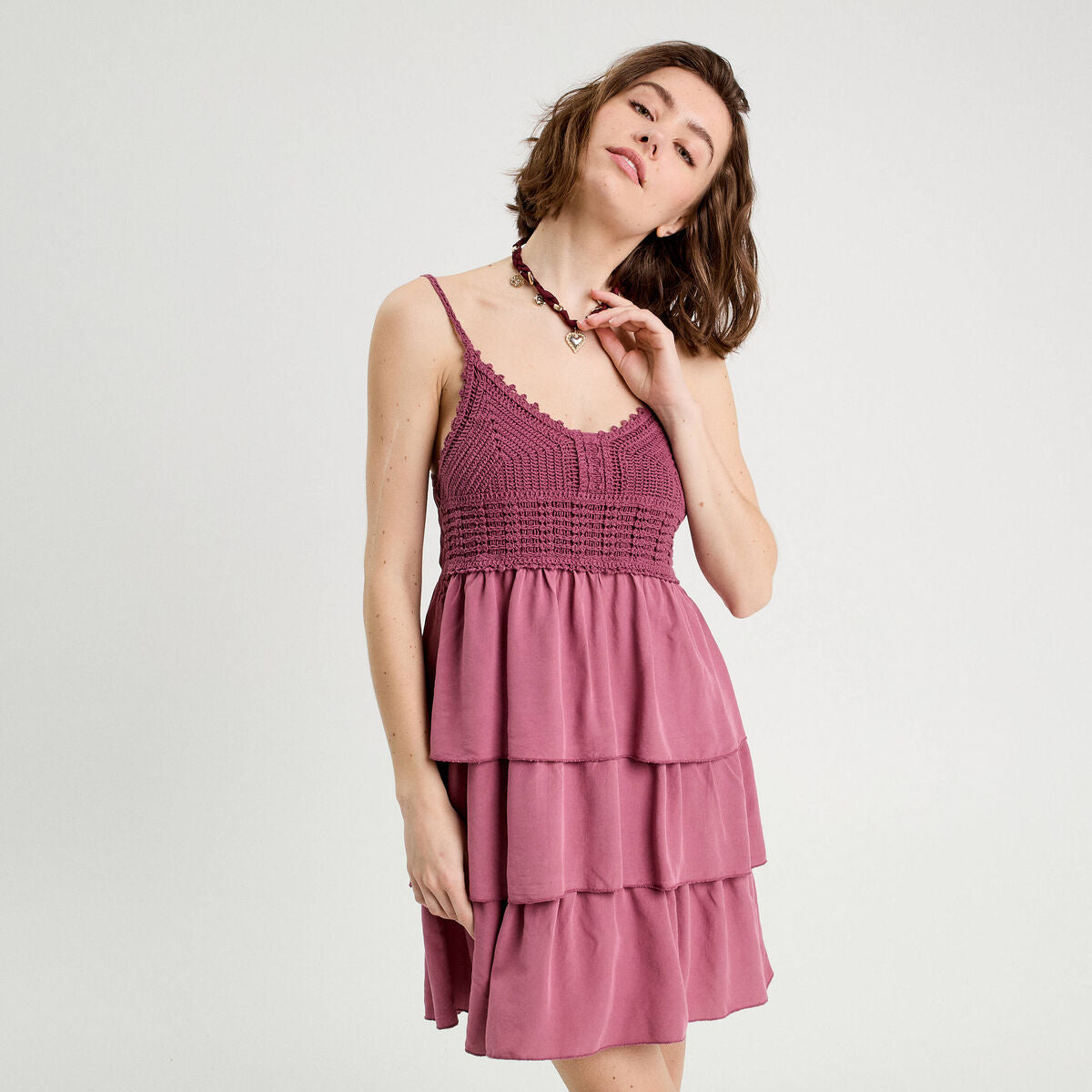 Robe évasée bretelles vieux rose femme