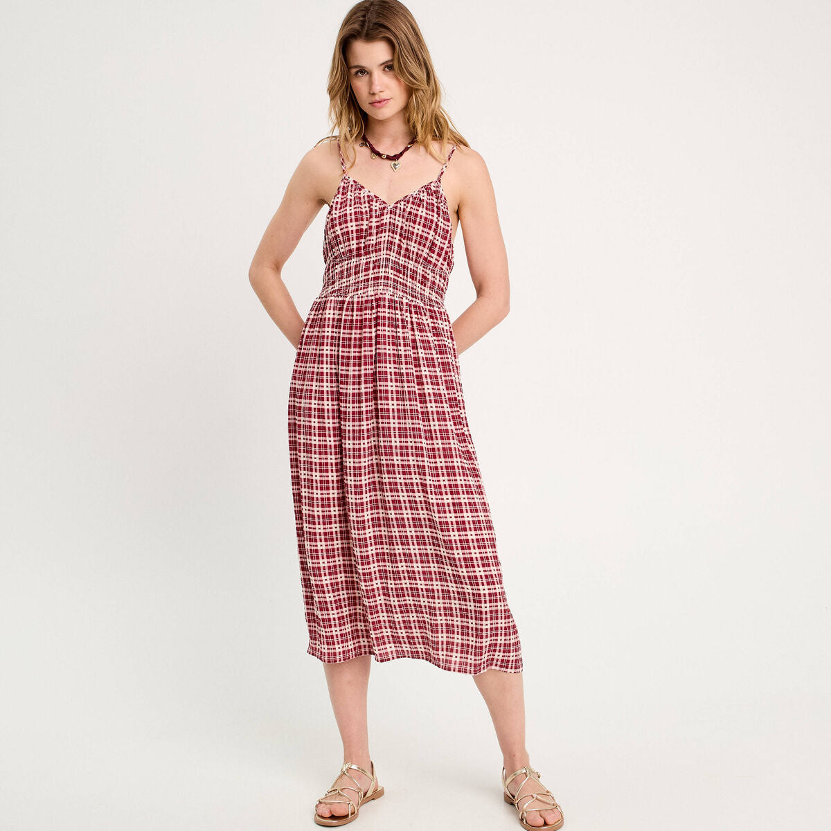 Robe midi évasée bretelles bordeaux femme
