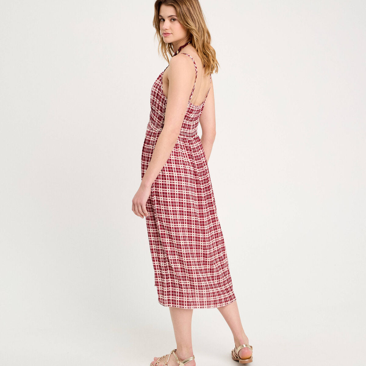 Robe midi évasée bretelles bordeaux femme