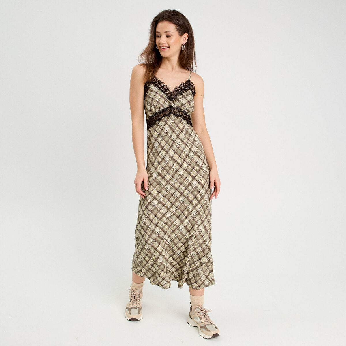 Robe longue droite bretelles vert kaki femme