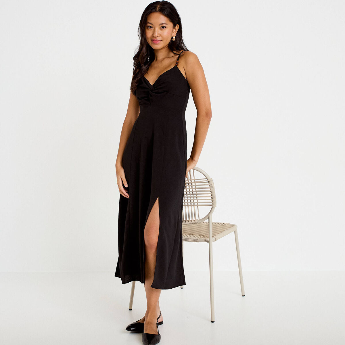 Robe longue évasée fendue noir femme