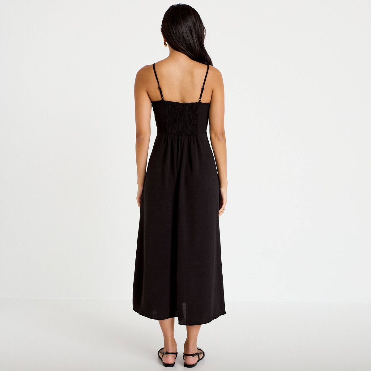 Robe longue évasée fendue noir femme