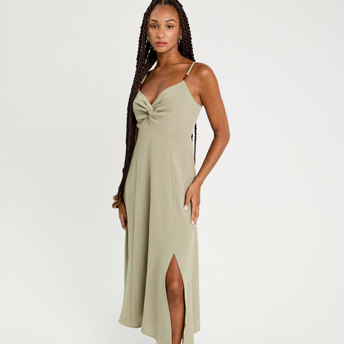 Robe longue évasée fendue vert kaki femme