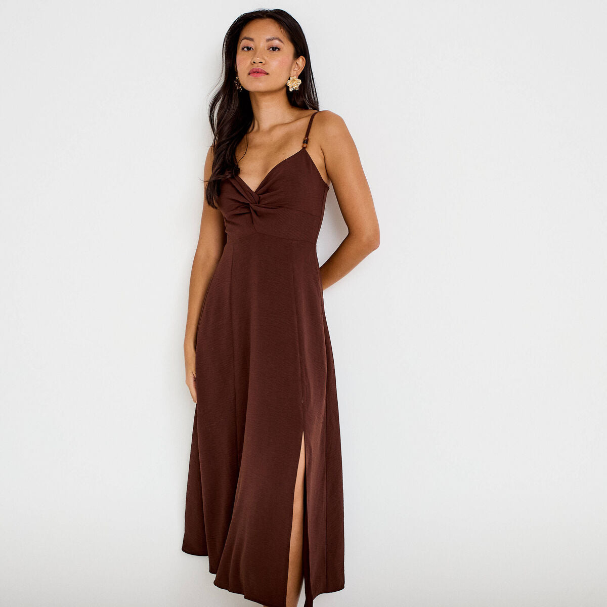 Robe longue évasée fendue marron femme
