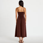 Robe longue évasée fendue marron femme