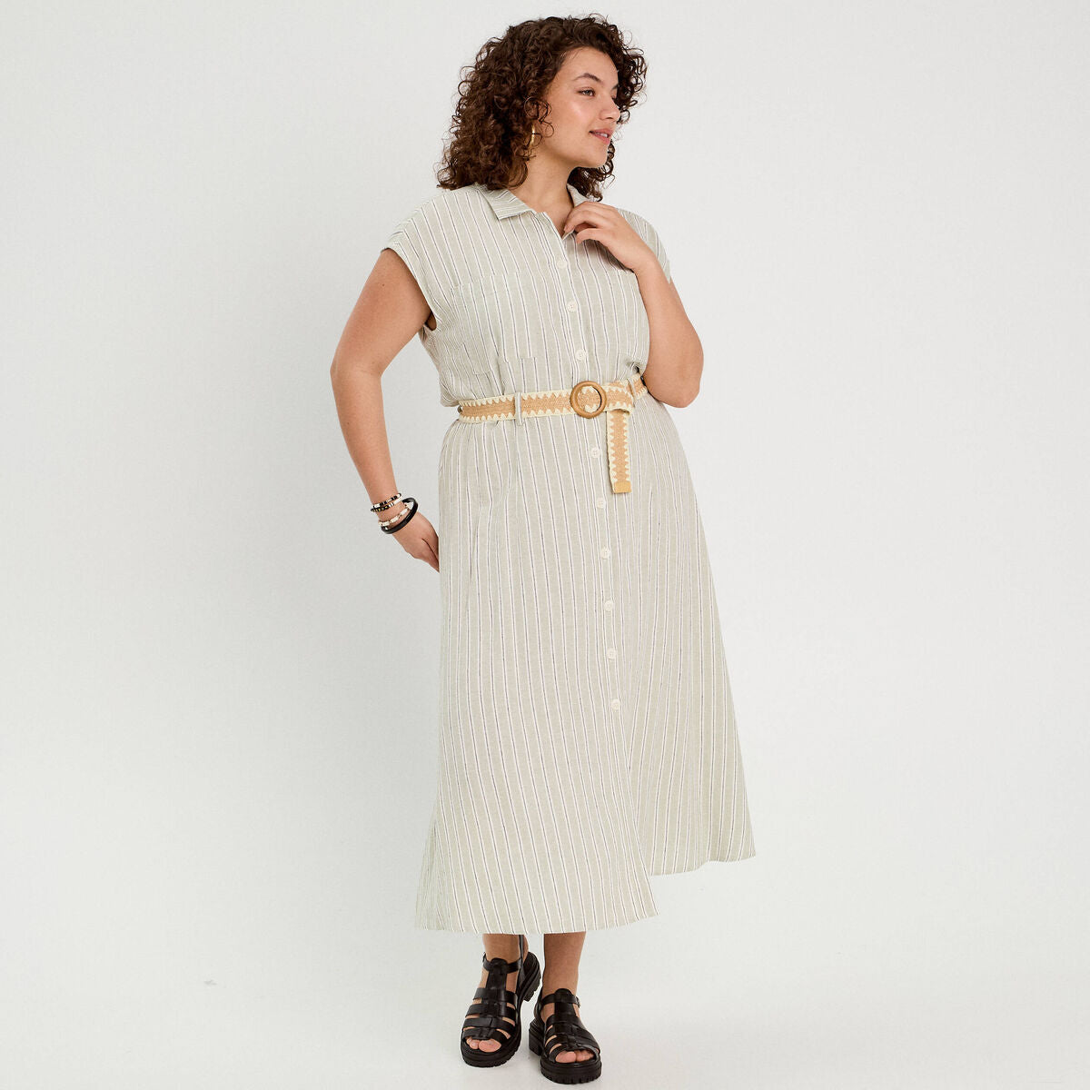 Robe chemise midi contenant du lin vert femme