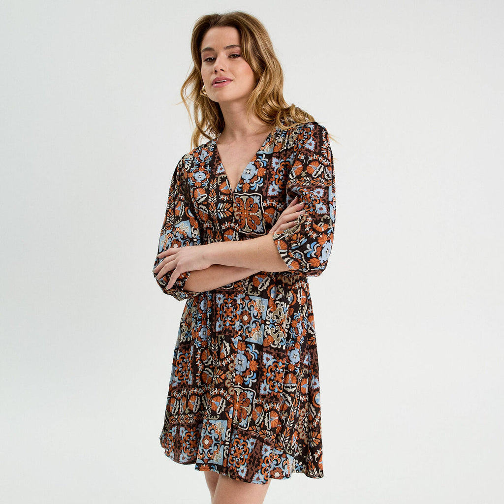 Robe évasée manches 3/4 noir femme