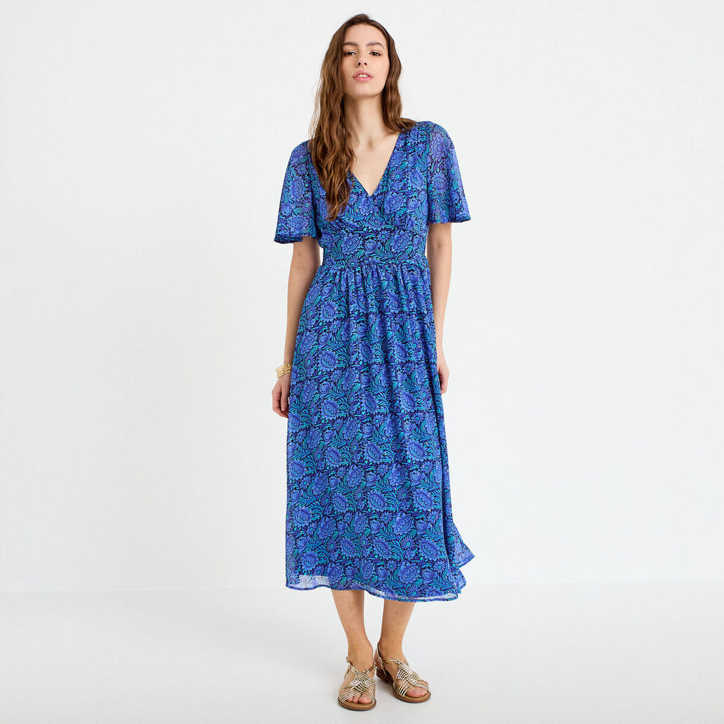 Robe longue évasée col en V noir femme
