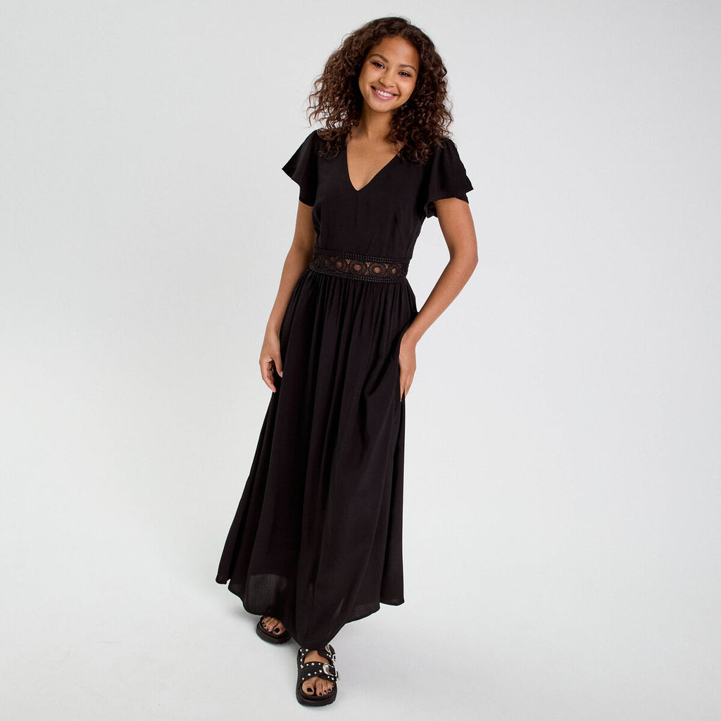 Robe longue évasée noir femme