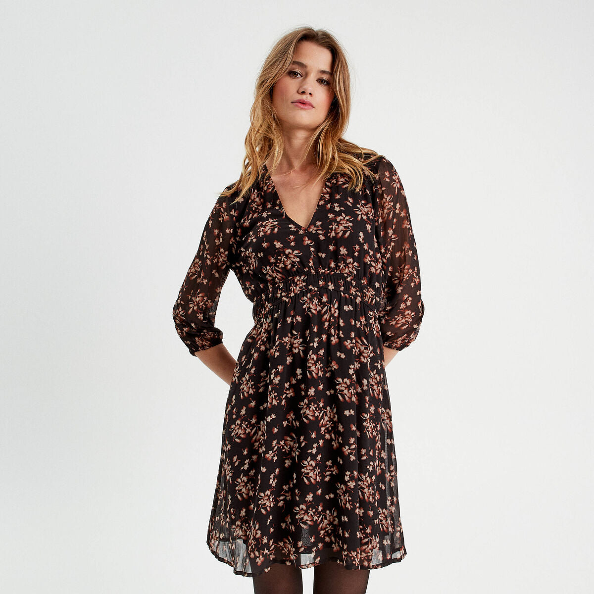 Robe évasée manches 3/4 noir femme