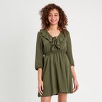 Robe évasée avec volants vert kaki femme