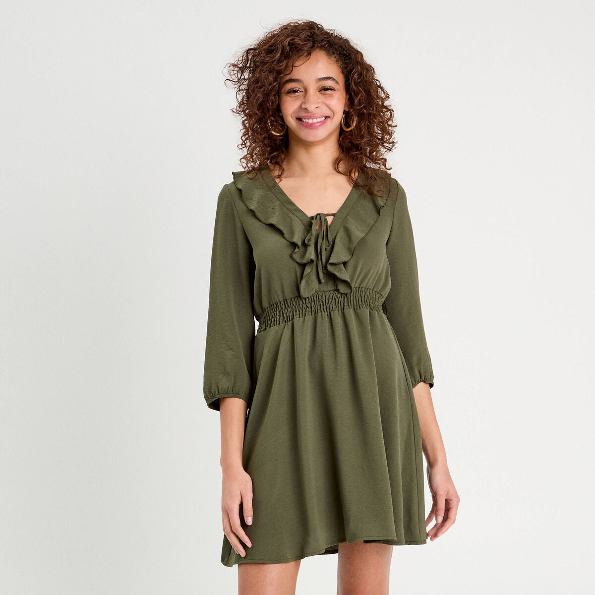 Robe évasée avec volants vert kaki femme
