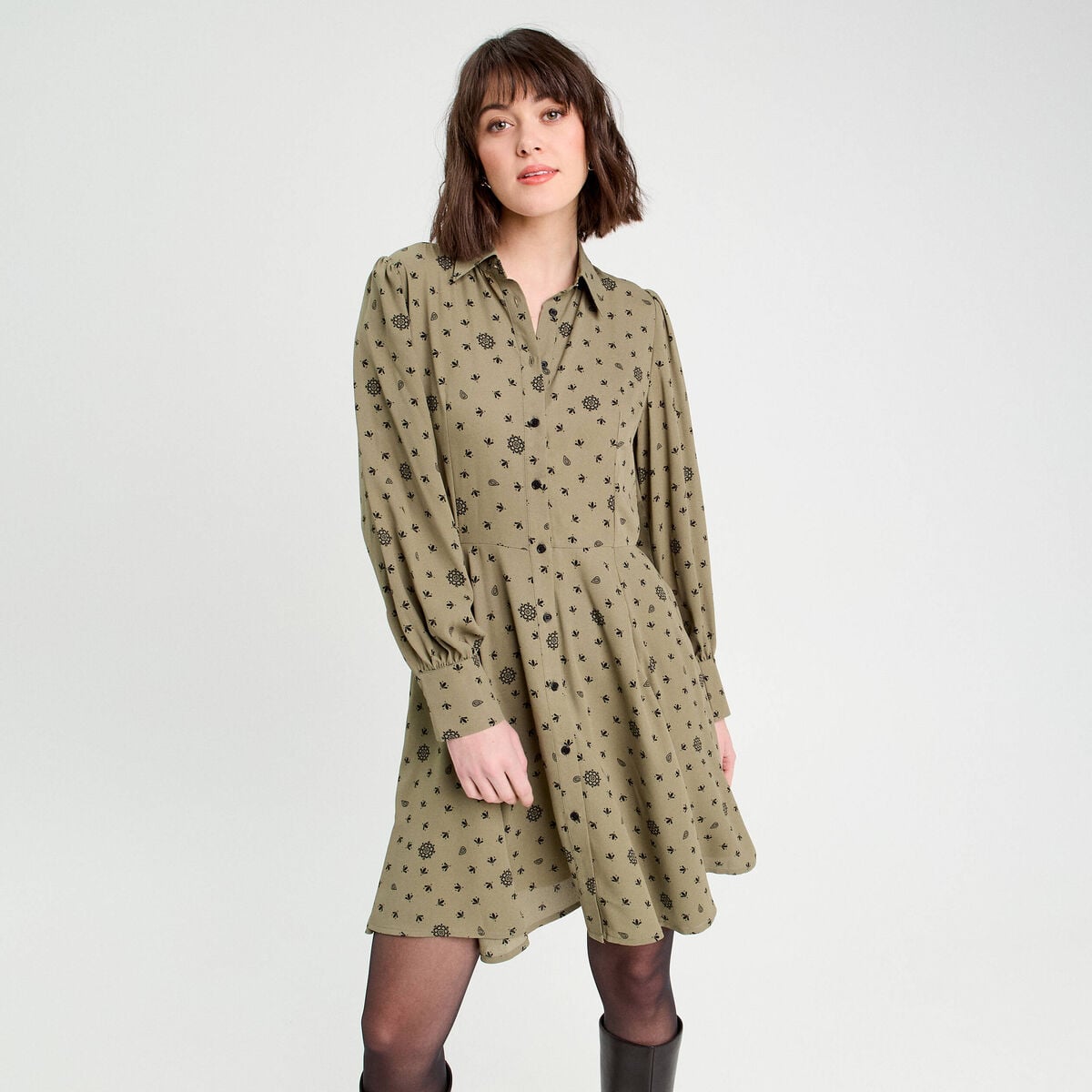 Robe chemise évasée fluide vert femme