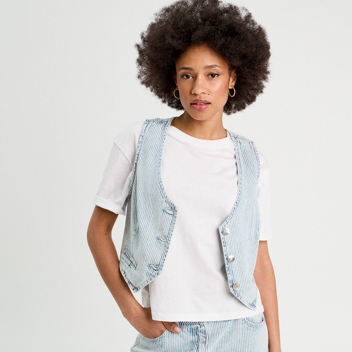Veston sans manches en jean bleu gris femme