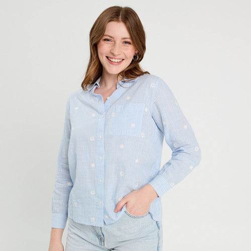 Chemise brodée manches longues blanc femme