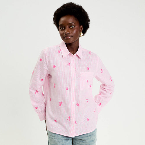 Chemise brodée manches longues blanc femme