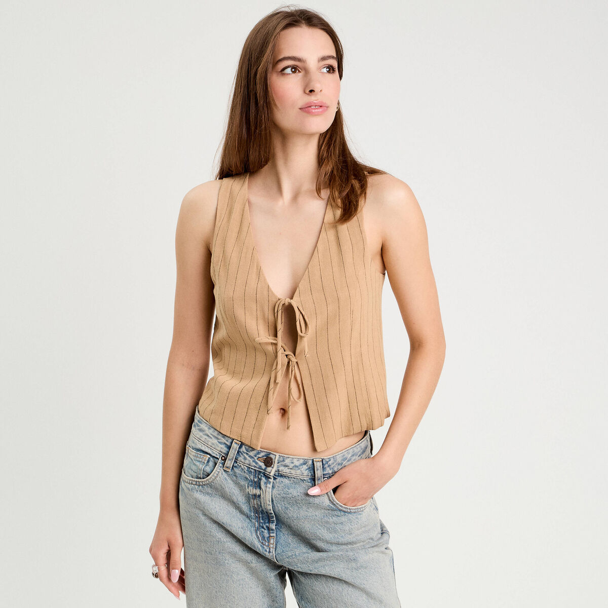 Veston sans manches noué beige femme