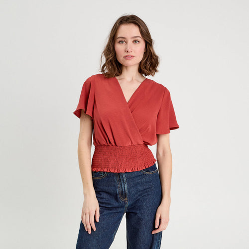 Blouse smockée manches courtes vieux rose femme