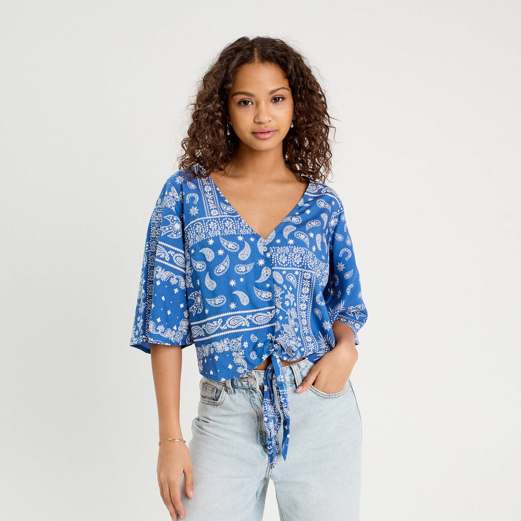 Blouse nouée manches 3/4 bleu femme