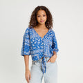 Blouse nouée manches 3/4 bleu femme