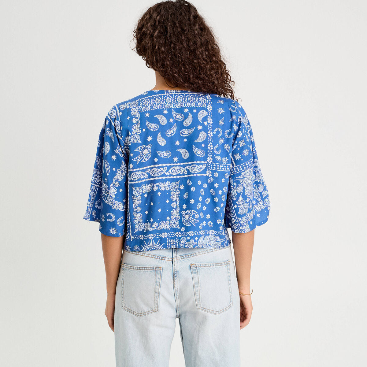 Blouse nouée manches 3/4 bleu femme