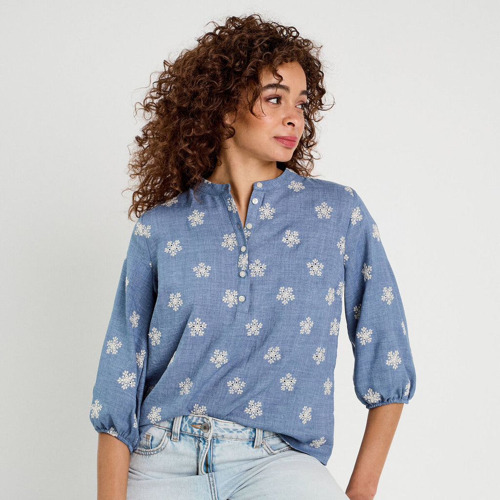 Blouse manches 3/4 brodée bleu femme