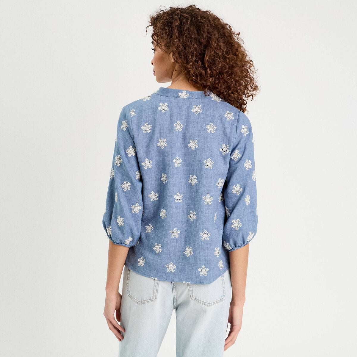 Blouse manches 3/4 brodée bleu femme