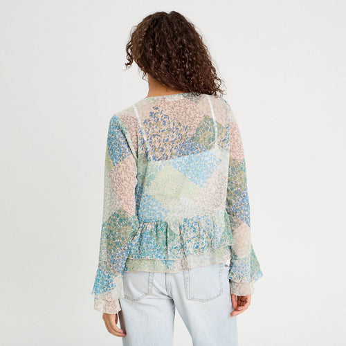 Blouse nouée manches longues bleu pastel femme