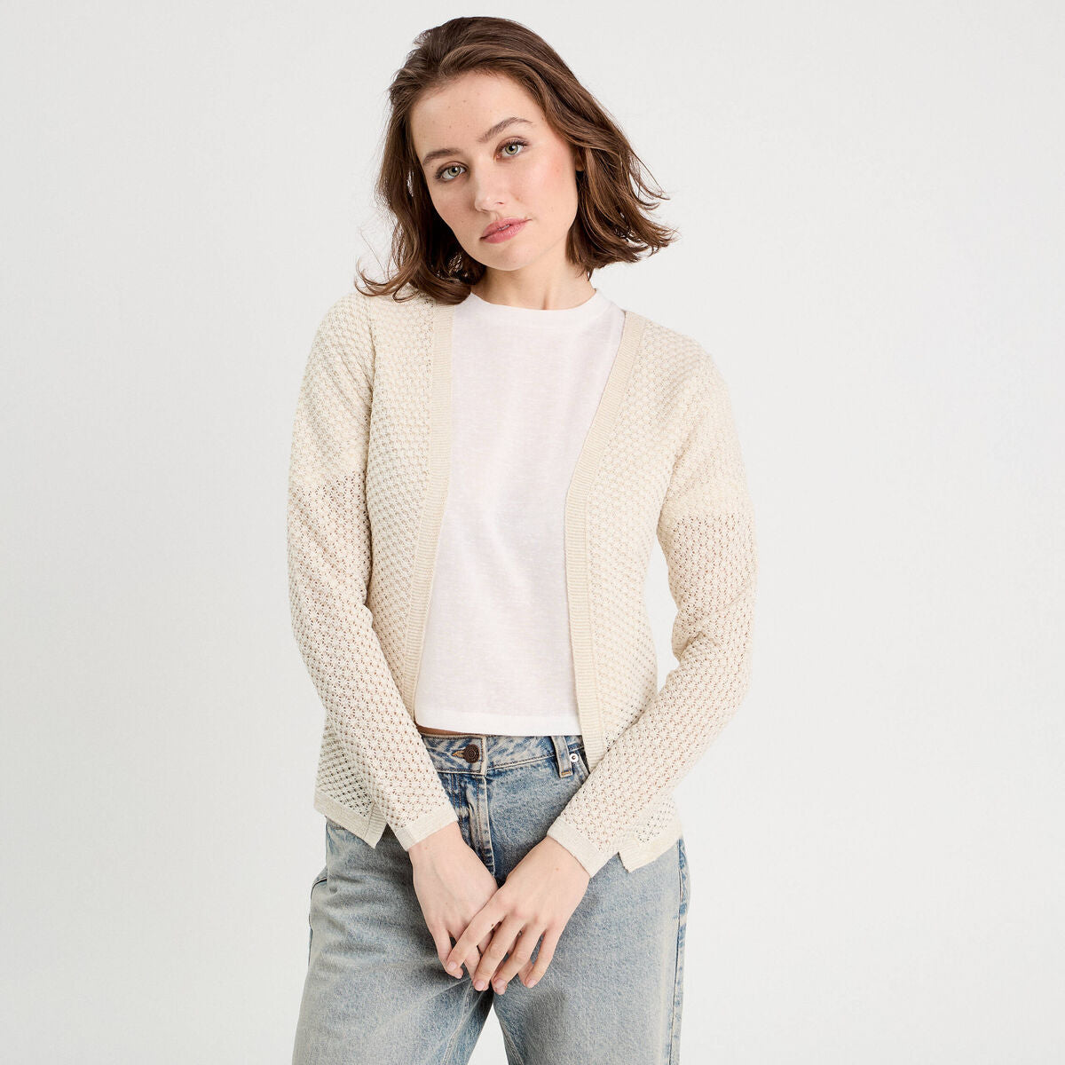 Gilet manches longues ajouré ecru femme