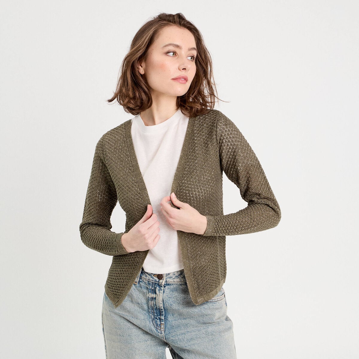 Gilet manches longues ajouré vert kaki femme