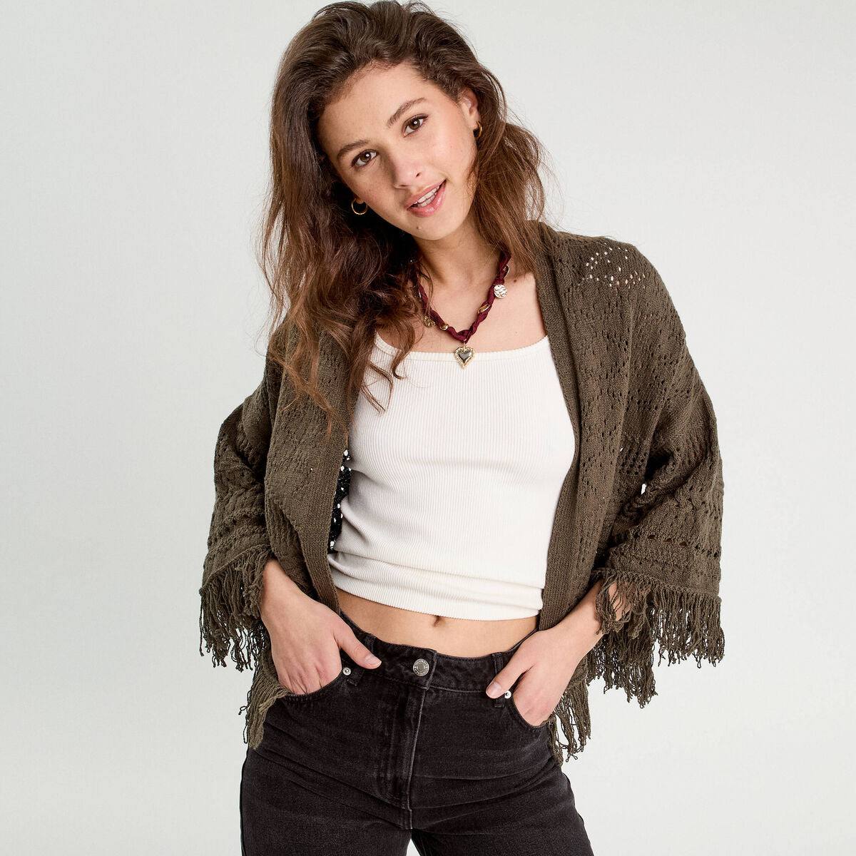 Gilet ajouré avec franges vert kaki femme
