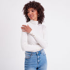 Pull col roulé côtelé ecru femme