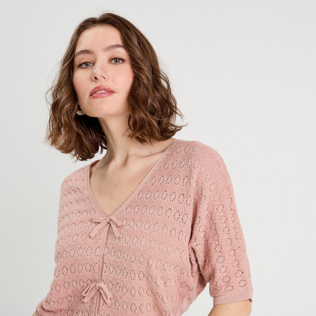 Pull ajouré manches 3/4 rose pastel femme