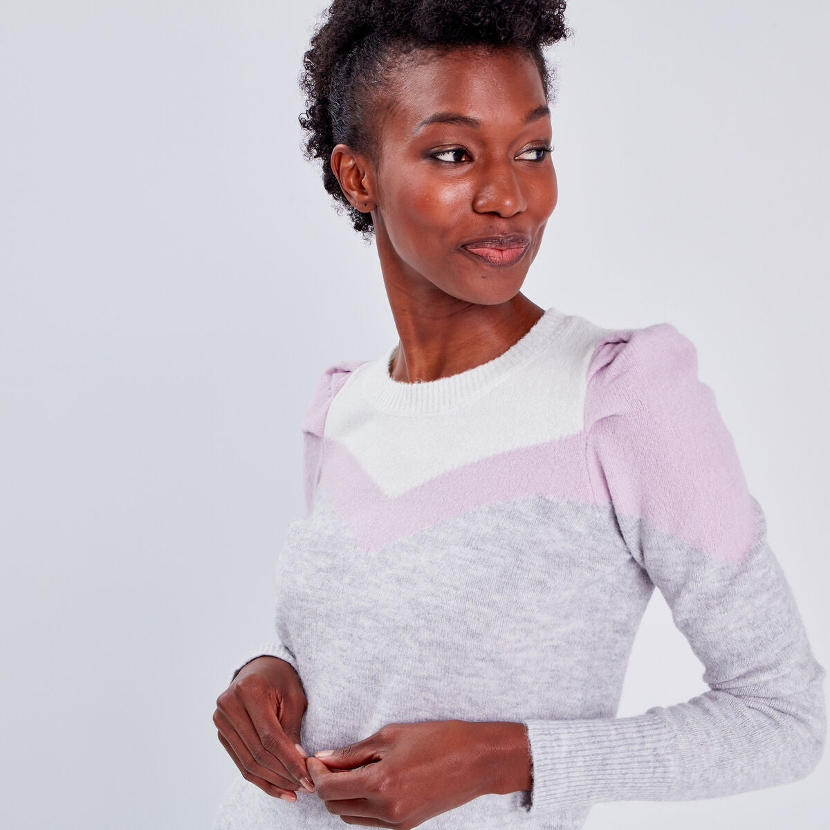 Pull épaules froncées gris clair femme