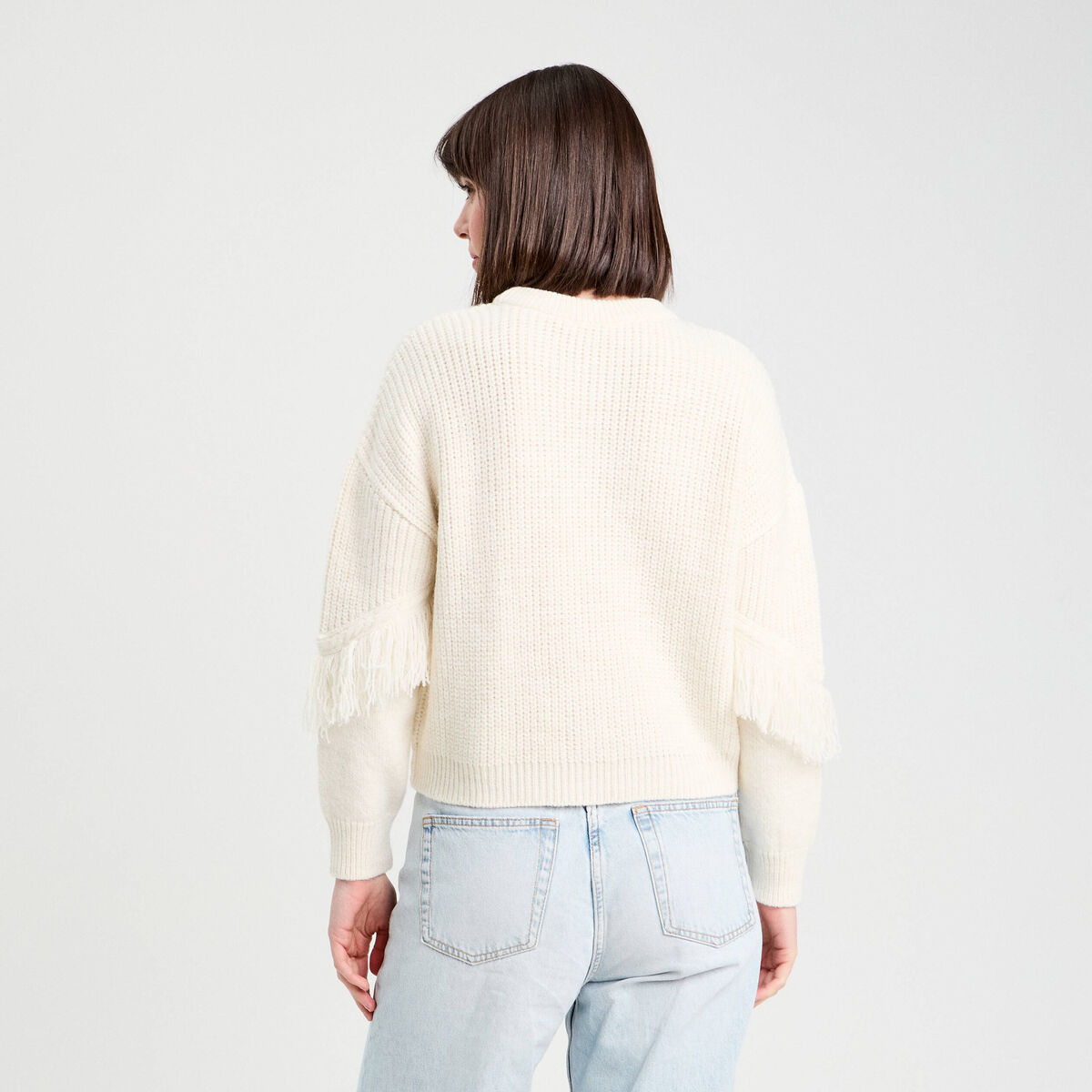 Pull avec franges ecru femme